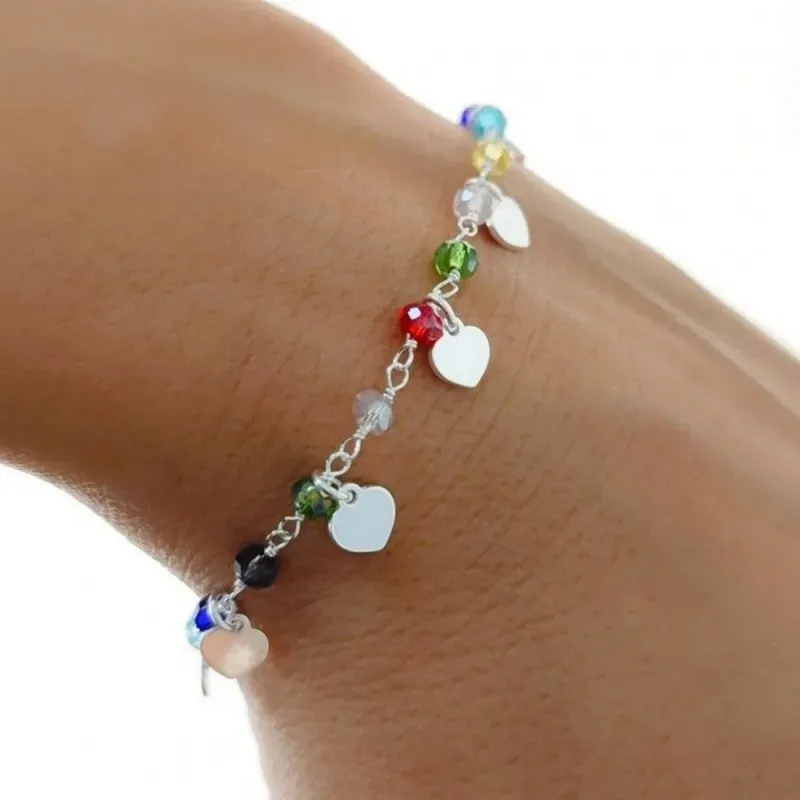 Pulsera Plata de Ley 925m 16.5 cm. con corazones colgantes 5 mm. con