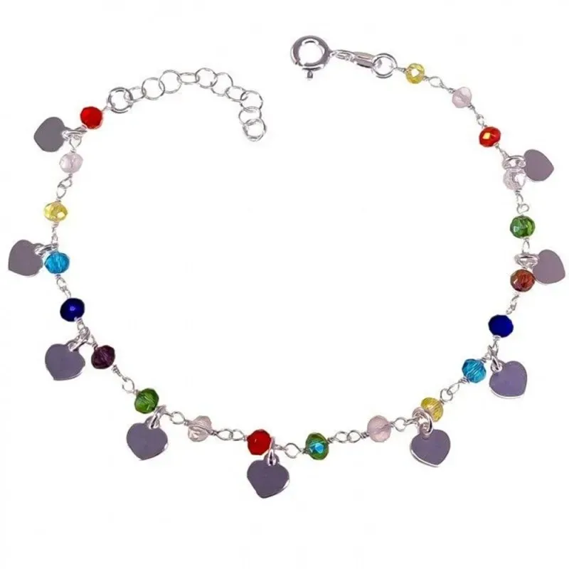 Pulsera Plata de Ley 925m 16.5 cm. con corazones colgantes 5 mm. con