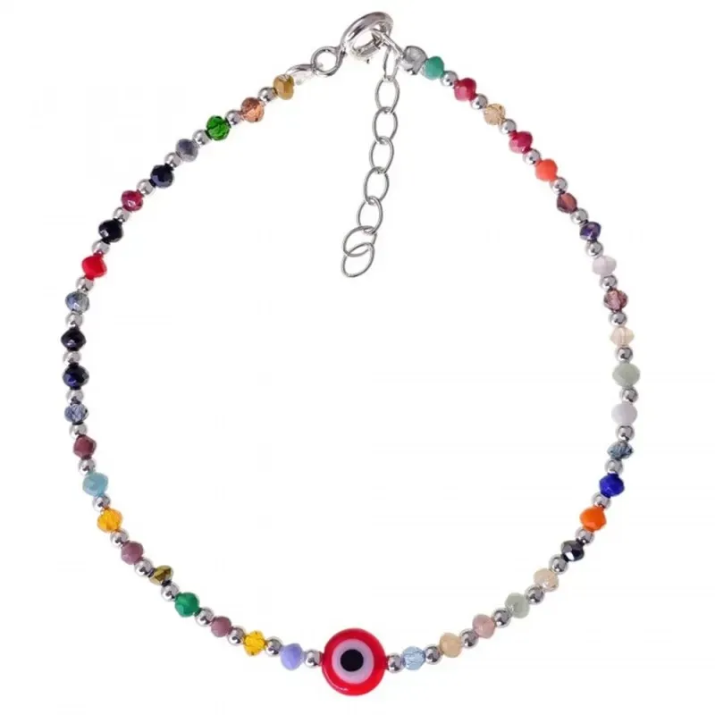 Pulsera Plata Ley 925m 17 cm. con Ojo Turco 7 mm. rosa con piedras de