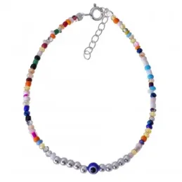Pulsera en Plata Ley 925m 17 cm. Ojo Turco 4 mm. con piedras de color