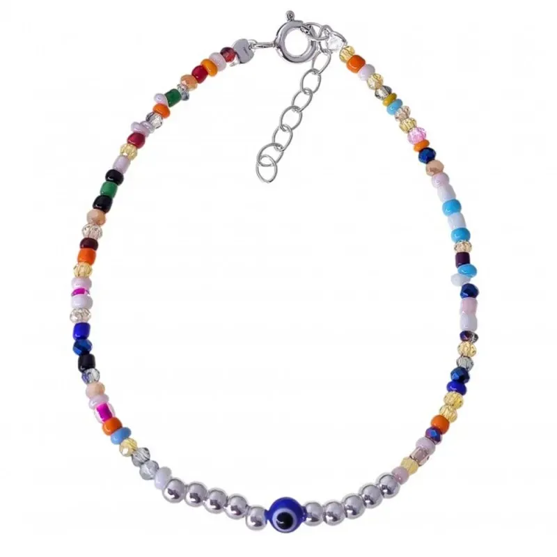 Pulsera en Plata Ley 925m 17 cm. Ojo Turco 4 mm. con piedras de color