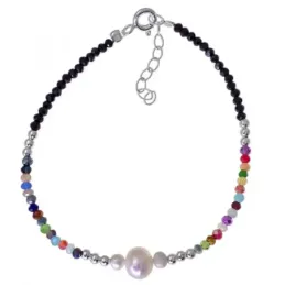 Pulsera Plata Ley 925m 17 cm. 3 perlas de 7 mm. y 3.5 mm. combinadas