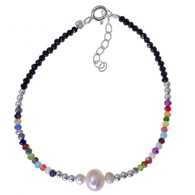 Pulsera Plata Ley 925m 17 cm. 3 perlas de 7 mm. y 3.5 mm. combinadas
