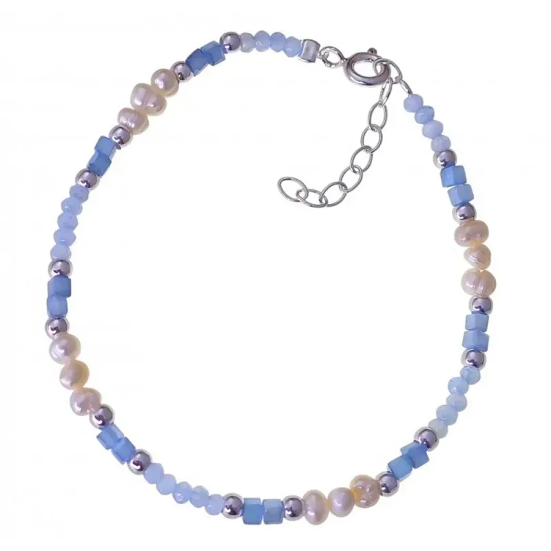 Pulsera Plata Ley 925m 17 cm. 12 perlas 4 mm. combinadas con piedras