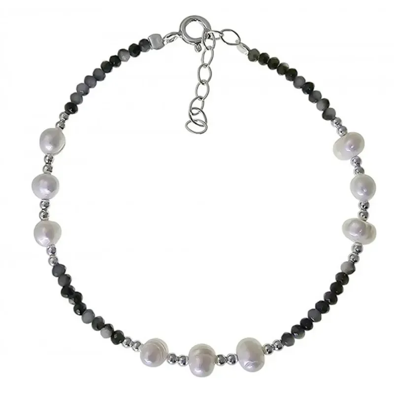 Pulsera Plata de Ley 925m 17 cm. 9 perlas 5 mm. combinadas con piedra