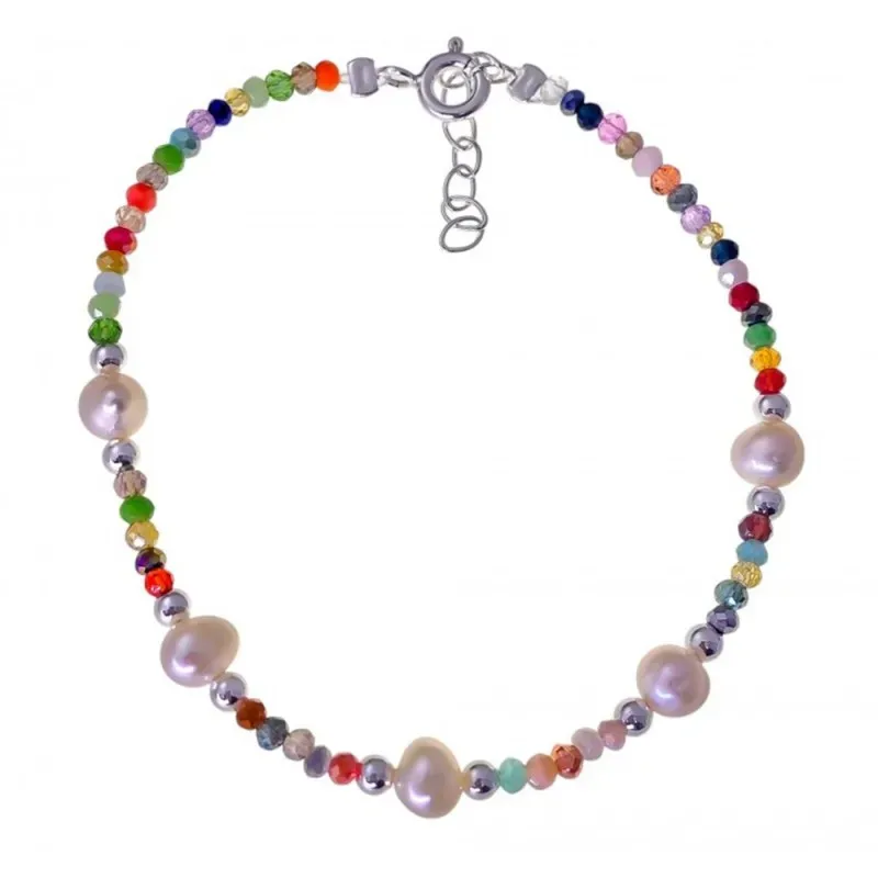 Pulsera Plata de Ley 925m 17 cm. 5 perlas 5 mm. combinadas con piedra
