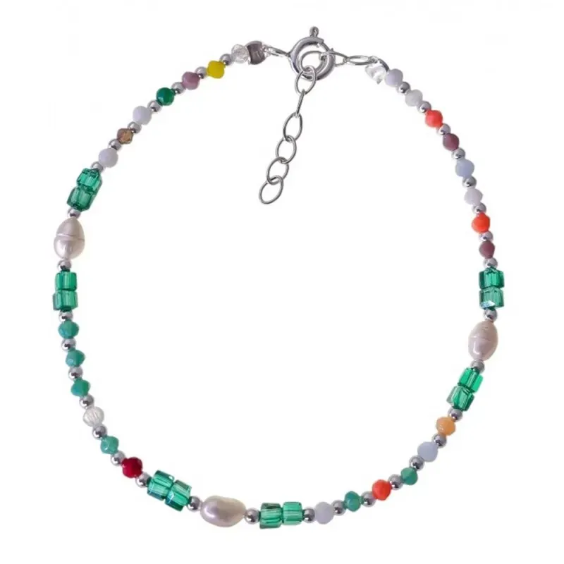 Pulsera Plata de Ley 925m 17 cm. 3 perlas 4 mm. combinadas con piedra