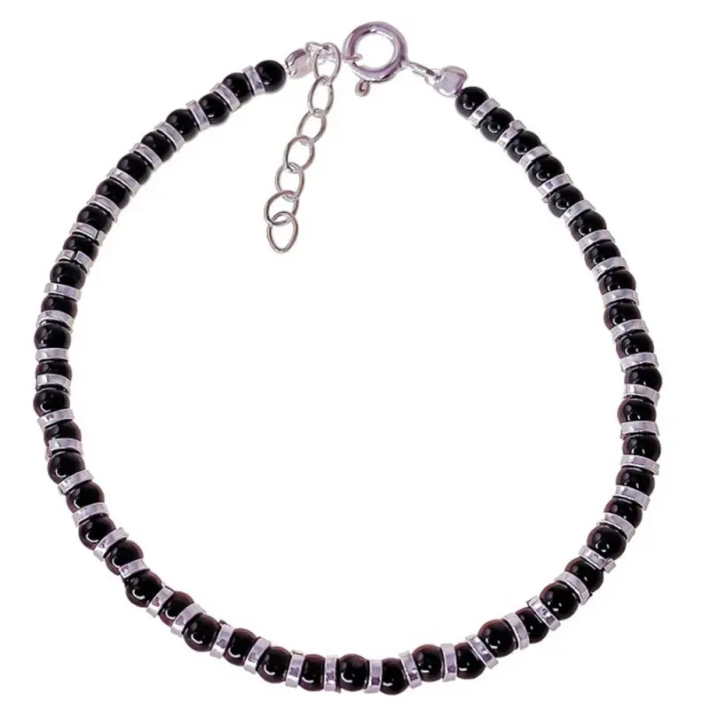 Pulsera Plata de Ley 925m 17 cm. con piedras negras de 3 mm. y entrep
