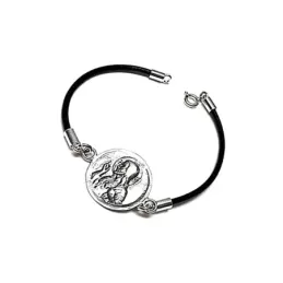 Pulsera plata ley 925m escapulario oxidado dos caras cuero [AA9926]