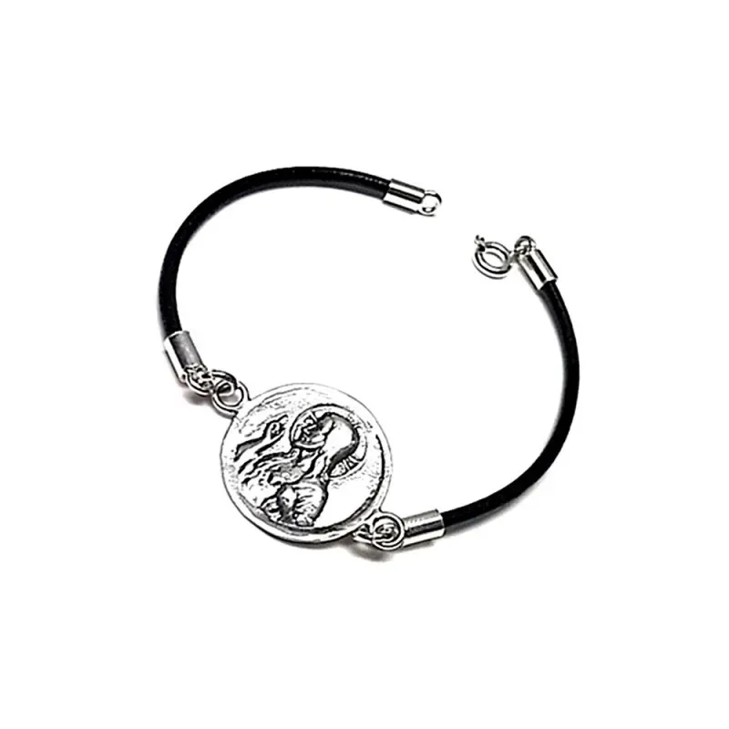 Pulsera plata ley 925m escapulario oxidado dos caras cuero [AA9926]