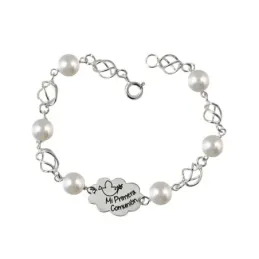 Pulsera plata Ley 925m primera comunión 16.5cm. perlas redondas jaulas cierre reasa niña [AC1268]