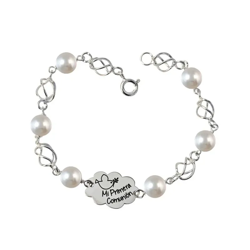 Pulsera plata Ley 925m primera comunión 16.5cm. perlas redondas jaulas cierre reasa niña [AC1268]