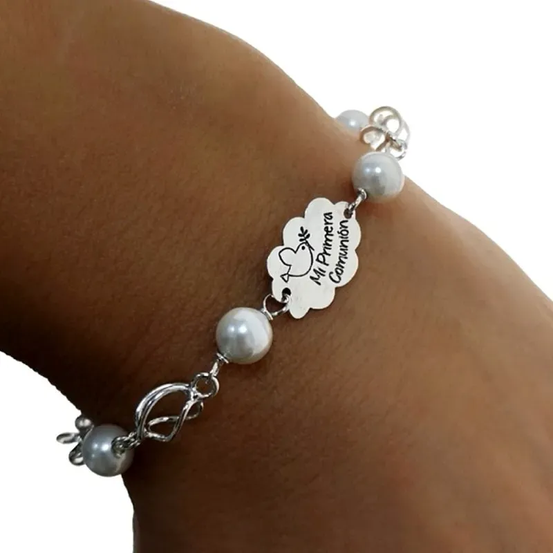 Pulsera plata Ley 925m primera comunión 16.5cm. perlas redondas jaulas cierre reasa niña [AC1268]