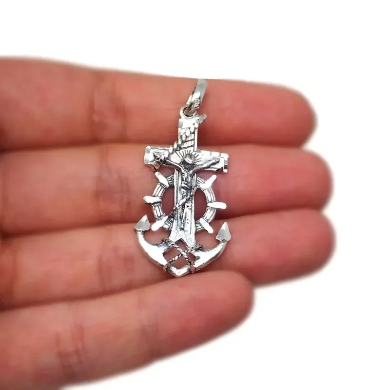 Cruz marinera Cristo colgante plata Ley 925m unisex 36 mm. detalles t