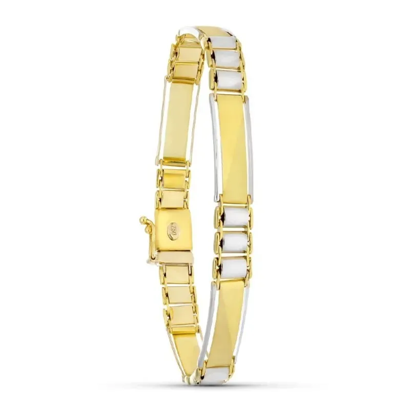 Pulsera oro bicolor 18k mujer eslabones rectangulares mate brillo com