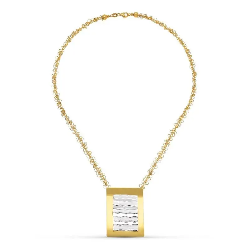 Gargantilla oro bicolor 18k mujer 45 cm. colgante rectangular detalle