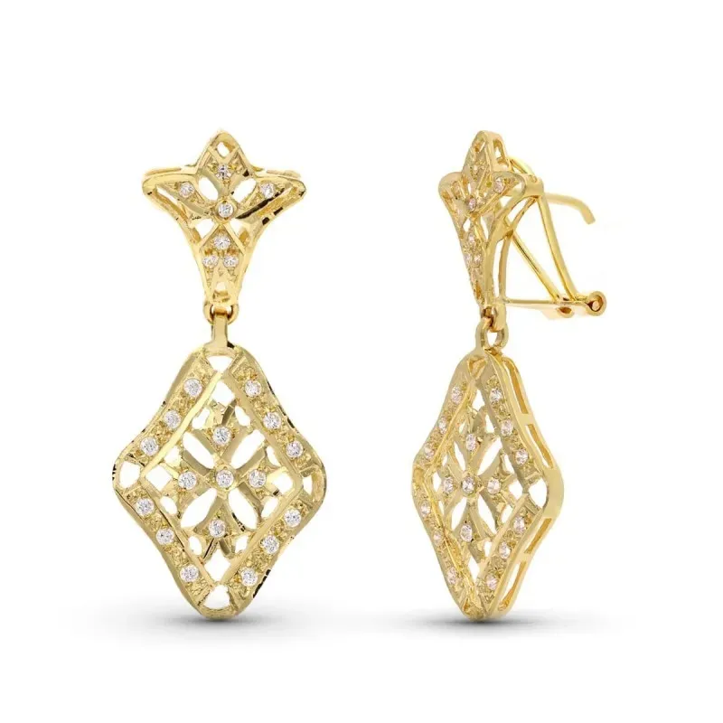 Pendientes largos oro 18k mujer 40 mm. formas caladas combinadas circ