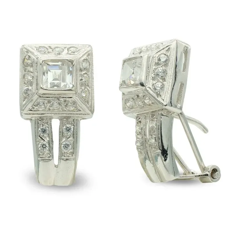 Pendientes oro blanco 18k mujer 19 mm. circonita cuadrada centro comb