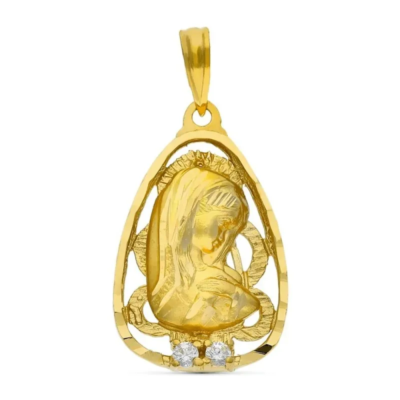Virgen Niña medalla oro 18k colgante Primera Comunión 23 mm. circonit