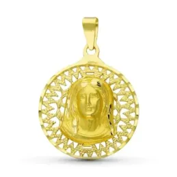 Virgen Niña medalla oro 18k colgante Primera Comunón 20 mm. cerco cal