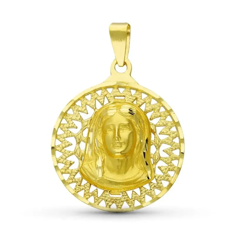 Virgen Niña medalla oro 18k colgante Primera Comunón 20 mm. cerco cal