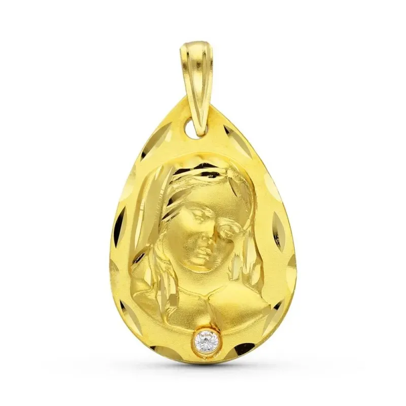 Virgen Niña medalla oro 18k colgante Primera Comunión 22 mm. circonit
