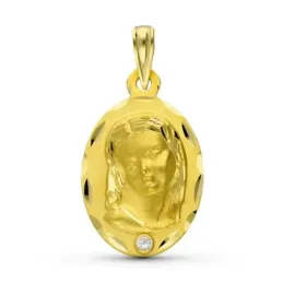 Virgen Niña medalla oro 18k colgante Primera Comunión ovalada 22 mm.