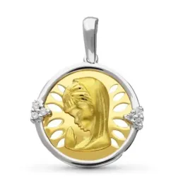 Virgen Niña medalla oro bicolor 18k colgante Primera Comunión 20 mm.