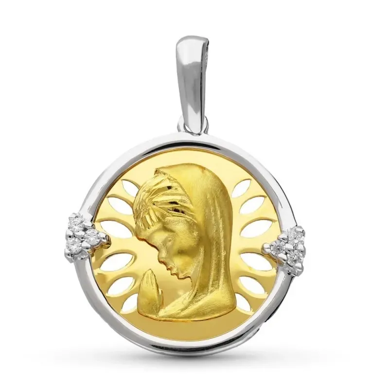 Virgen Niña medalla oro bicolor 18k colgante Primera Comunión 20 mm.