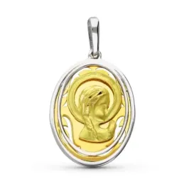 Virgen Niña medalla oro bicolor 18k colgante Primera Comunión 21 mm.
