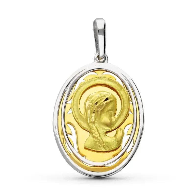 Virgen Niña medalla oro bicolor 18k colgante Primera Comunión 21 mm.
