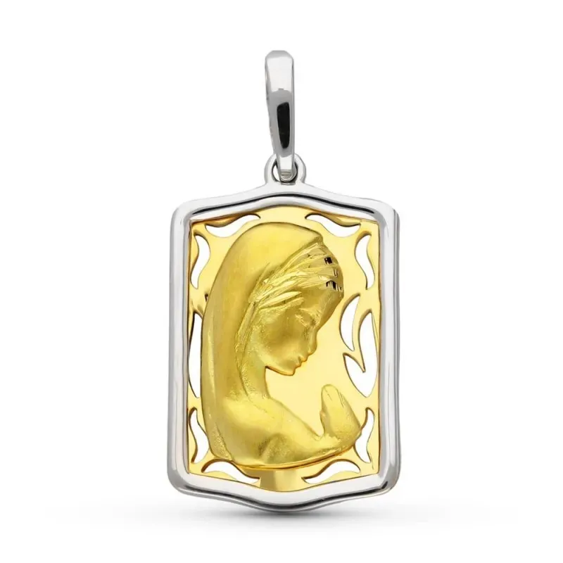 Virgen Niña medalla oro bicolor 18k colgante Primera Comunión rectang