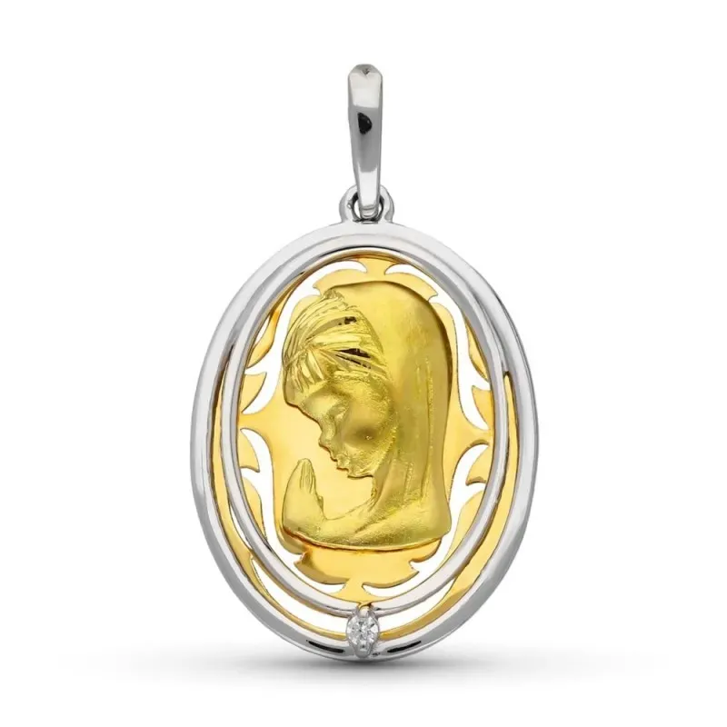 Virgen Niña medalla oro bicolor 18k colgante Primera Comunión 23 mm.