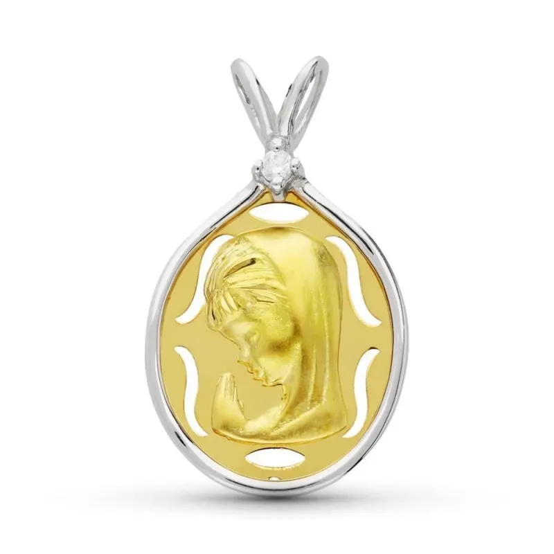 Virgen Niña medalla oro bicolor 18k colgante Primera Comunión 27 mm.