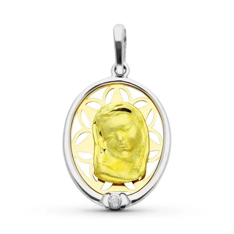 Virgen Niña medalla oro 18k colgante Primera Comunión 22 mm. circonit