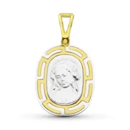 Virgen Niña medalla oro bicolor 18k Primera Comunión 22 mm. detalle g