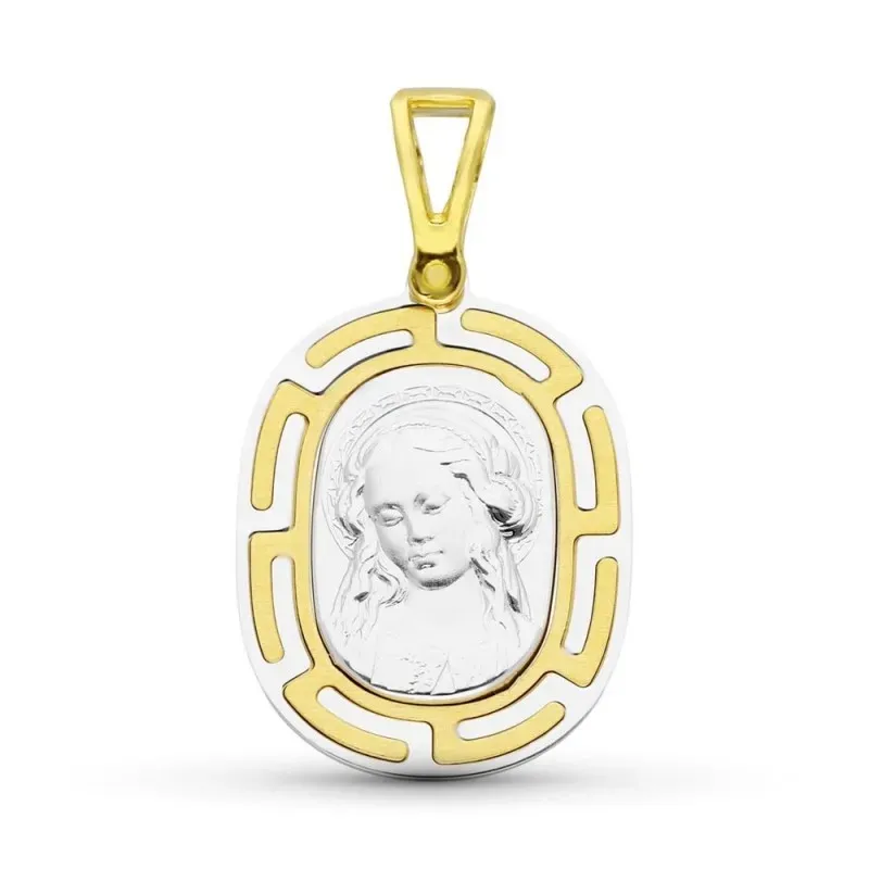 Virgen Niña medalla oro bicolor 18k Primera Comunión 22 mm. detalle g
