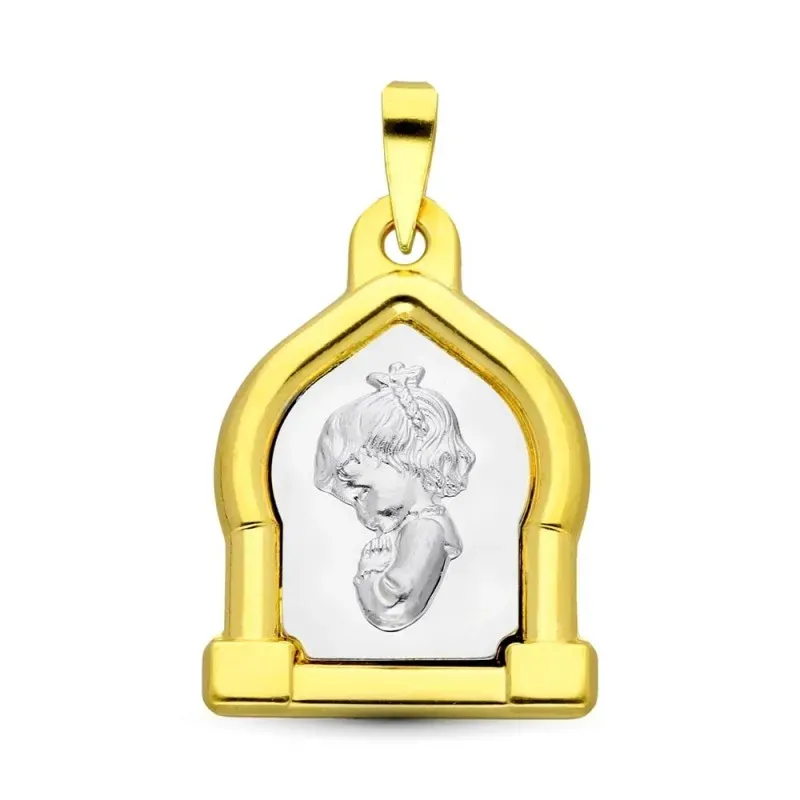 Virgen Niña medalla oro bicolor 18k Primera Comunión 24 mm. bisel rel