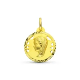 Virgen Niña medalla oro 18k Primera Comunión 20 mm. detalles calados