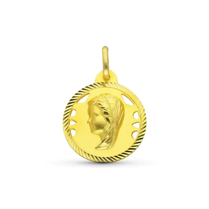 Virgen Niña medalla oro 18k Primera Comunión 20 mm. detalles calados