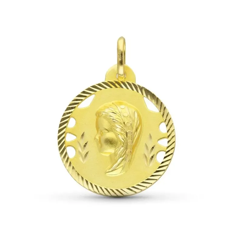 Virgen Niña medalla oro 18k Primera Comunión 22 mm. detalles calados