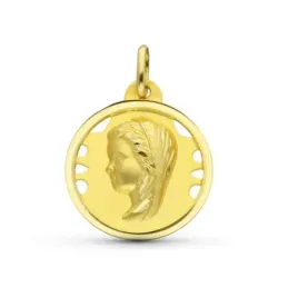 Virgen Niña medalla oro 18k Primera Comunión 22 mm. detalles calados