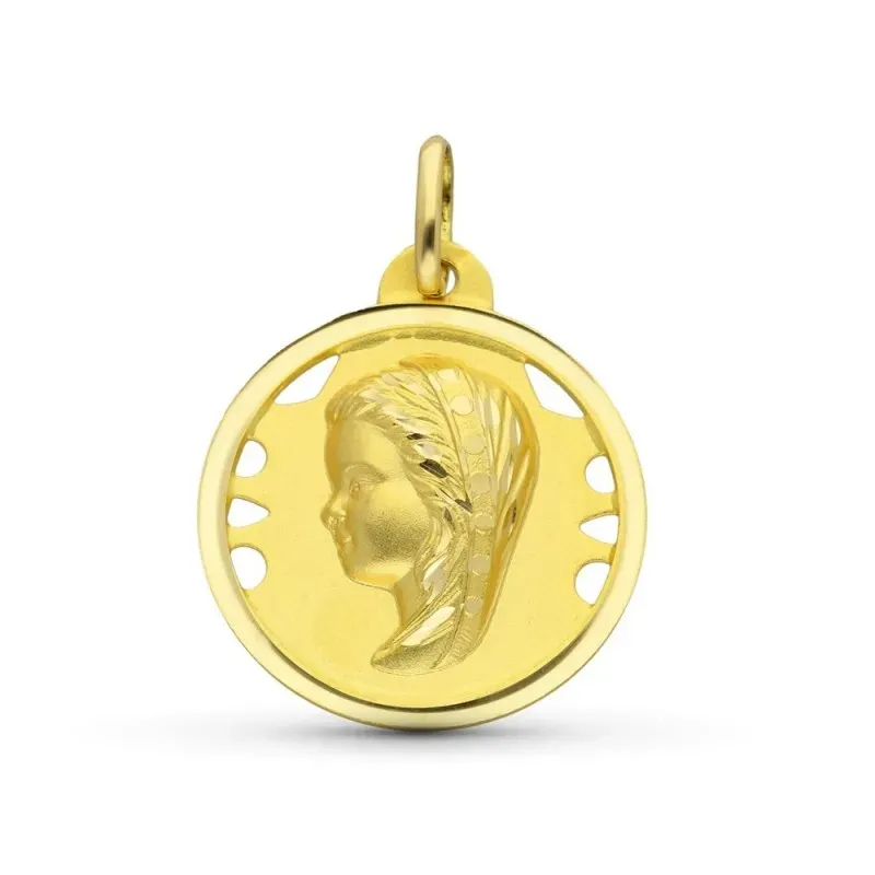 Virgen Niña medalla oro 18k Primera Comunión 22 mm. detalles calados