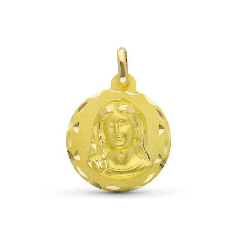 Virgen Niña medalla oro 18k Primera Comunión 18 mm. bisel detalles ta