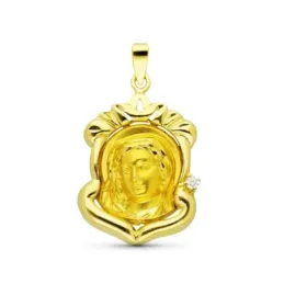 Virgen Niña medalla oro 18k Primera Comunión 29 mm. circonita detalle