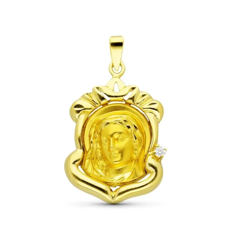 Virgen Niña medalla oro 18k Primera Comunión 29 mm. circonita detalle