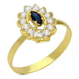 Sortija oro 18k mujer cabeza ovalada circonitas borde piedra azul cen