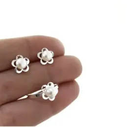 Juego Plata Ley 925m Primera Comunión sortija pendientes flor estrell