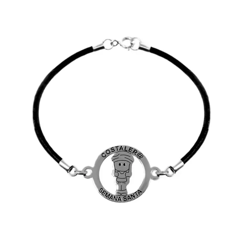 Costalero pulsera plata Ley 925m Semana Santa 18 cm. cuero aro 20 mm.