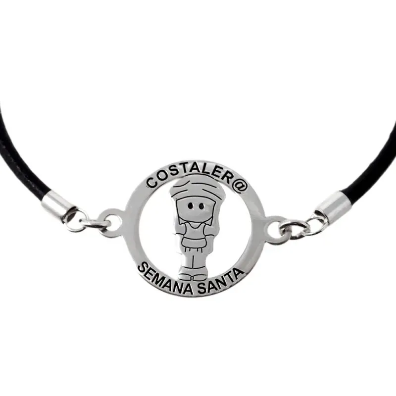 Costalero pulsera plata Ley 925m Semana Santa 18 cm. cuero aro 20 mm.